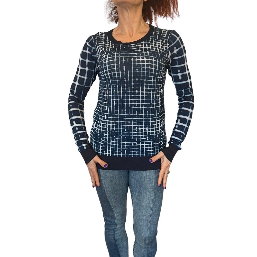 ANTHROPOLOGIE SI IAE WOMEN'S BLUE KNIT SWEATER TOP LONG SLEEVE GRID CHECK XS